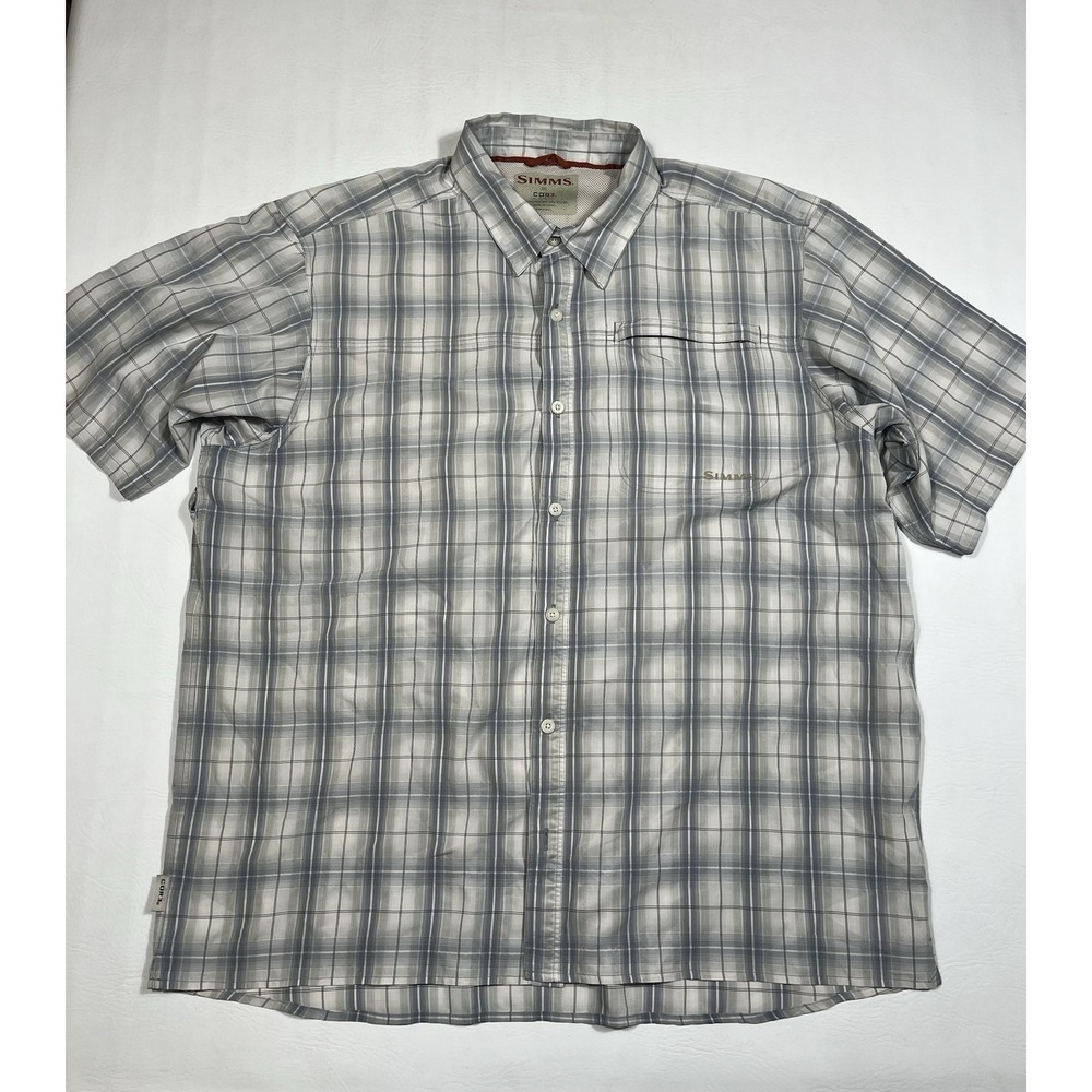 Simms Cor3 Fishing Shirt Mens 2XL Gray Blue Plaid Vented Short Sleeve Button